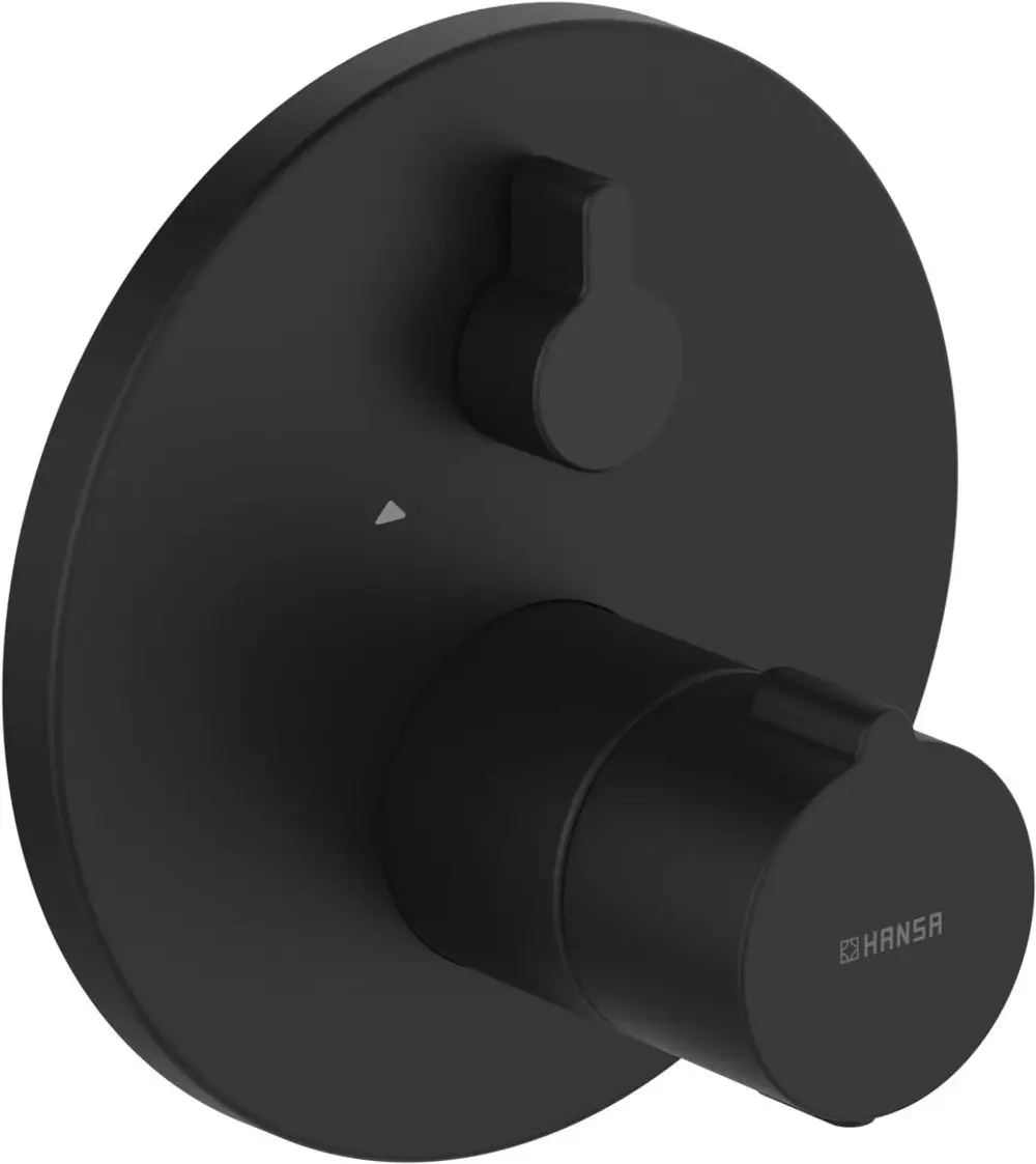 Schwarzer Duschbatterie-Regler mit einem runden Bedienfeld und zwei Knöpfen. Das Produkt ist von der Marke HANSA.